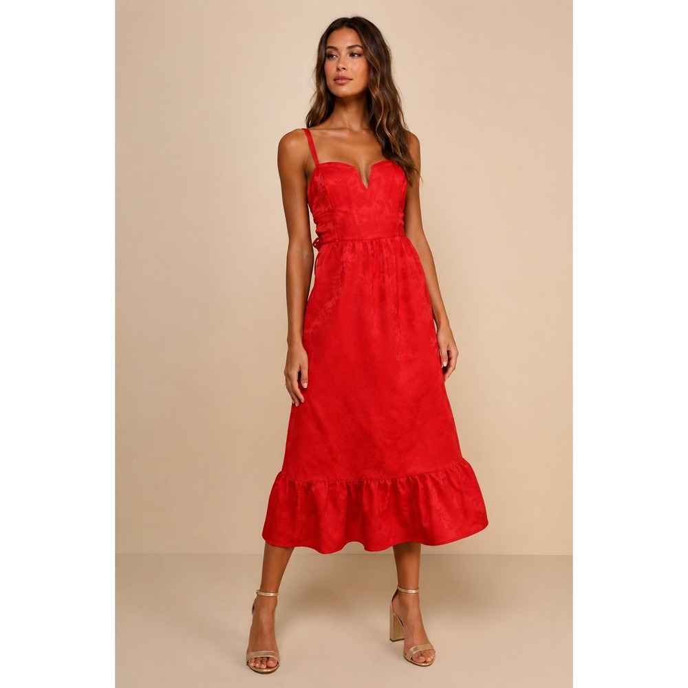 Lulus Sweet Sentiments Red Jacquard Tiered Midi Bow Dress Large